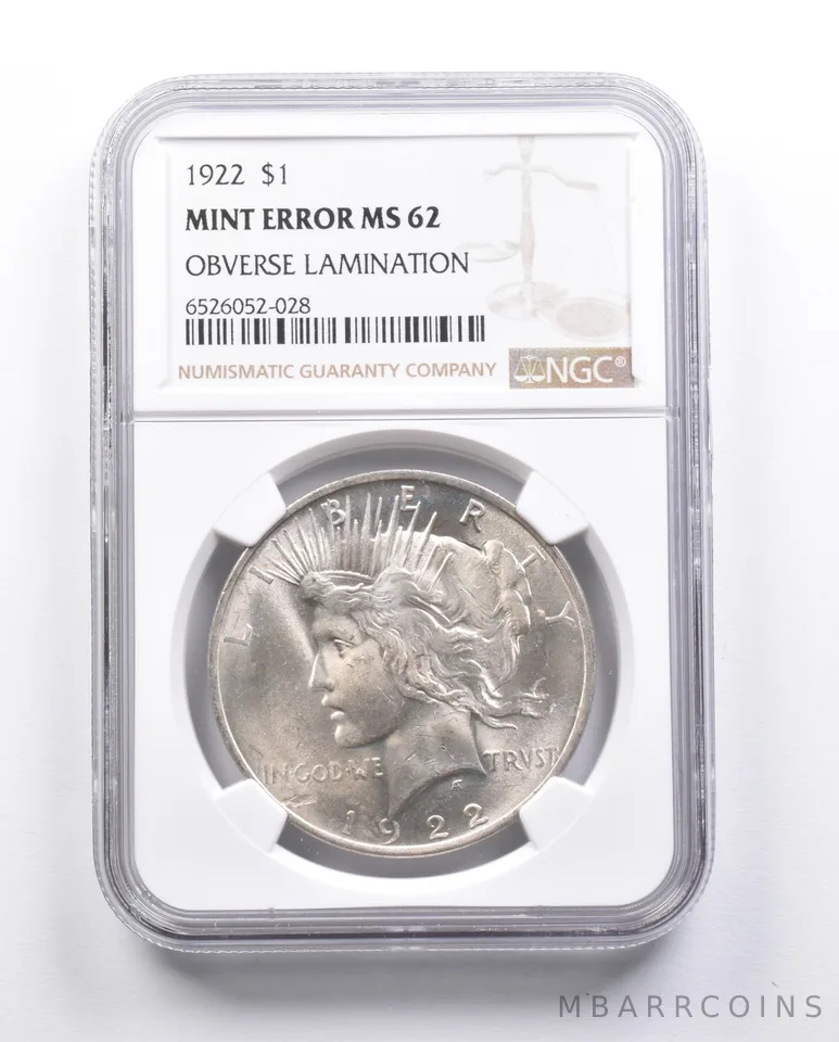 MS62 1922 Peace Silver Dollar Error OBV Lamination NGC *6670