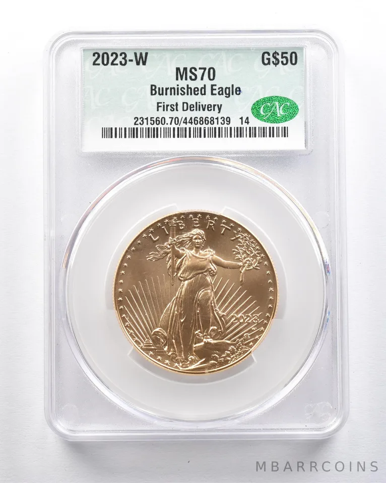 2023-W $50 Burnished Gold Eagle First Delivery 1 Oz Gold MS70 CAC CACg *2120