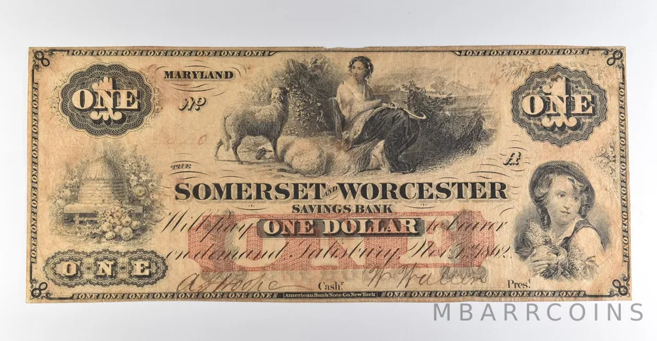 1862 $1 Salisbury MD Somerset & Worcester Savings Bank Obsolete Note *8487