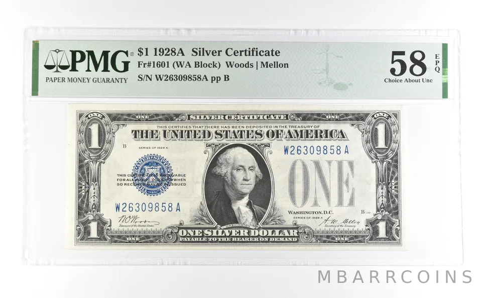 1928 A $1 Silver Certificate Fr#1601 Choice About Unc 58 EPQ PMG a6980