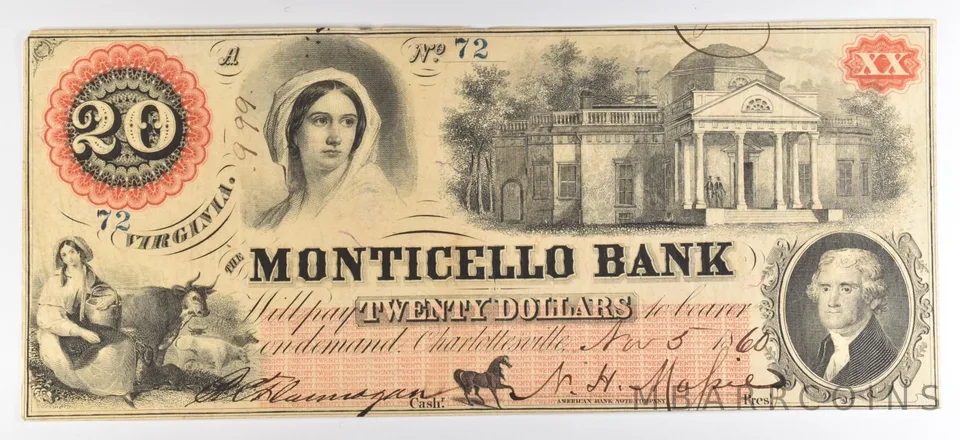 1860 $20 Bank Note Virginia Monticello Bank Large Note *5575