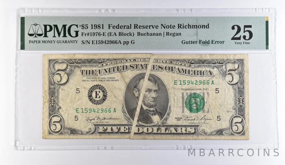 1981 $5 Richmond VA FRN Gutter Fold Error Fr#1976-E VF 25 PMG *9447