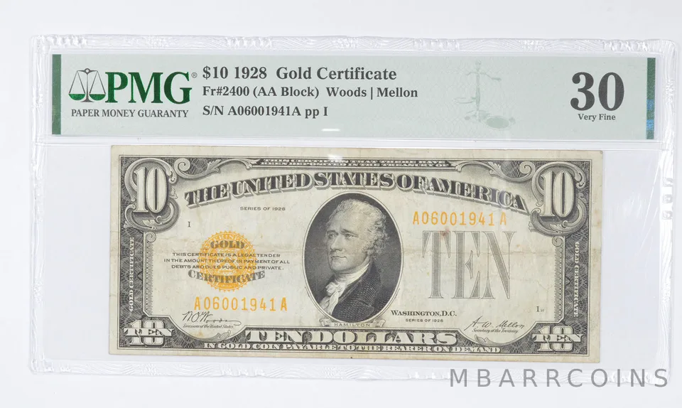 1928 $10 FR#2400 (AA Block) Gold Certificate PMG 30 Very Fine Minor Stains a2697