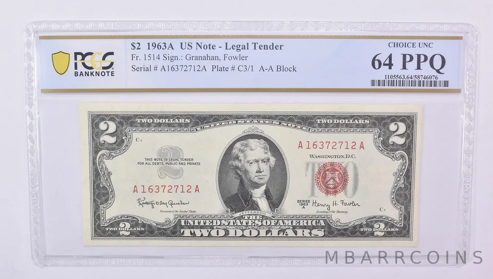 $2 1963 A US Legal Tender Fr#1514 Choice Unc 64 PPQ PCGS