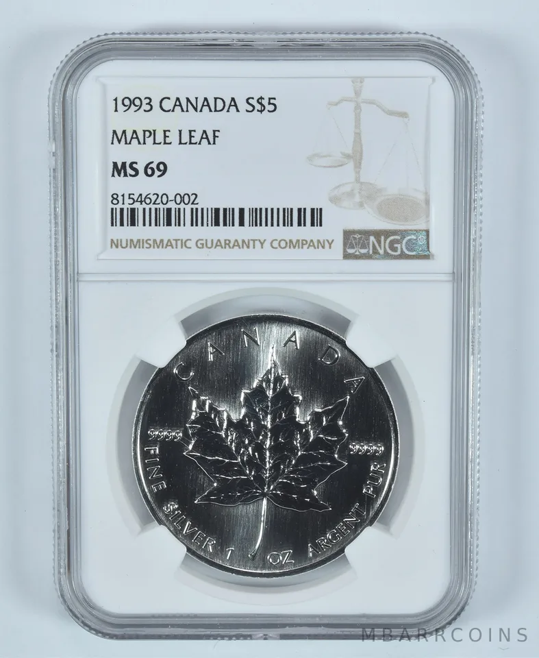 1993 Canada 5 Dollars Silver Maple Leaf MS69 NGC Brown Label