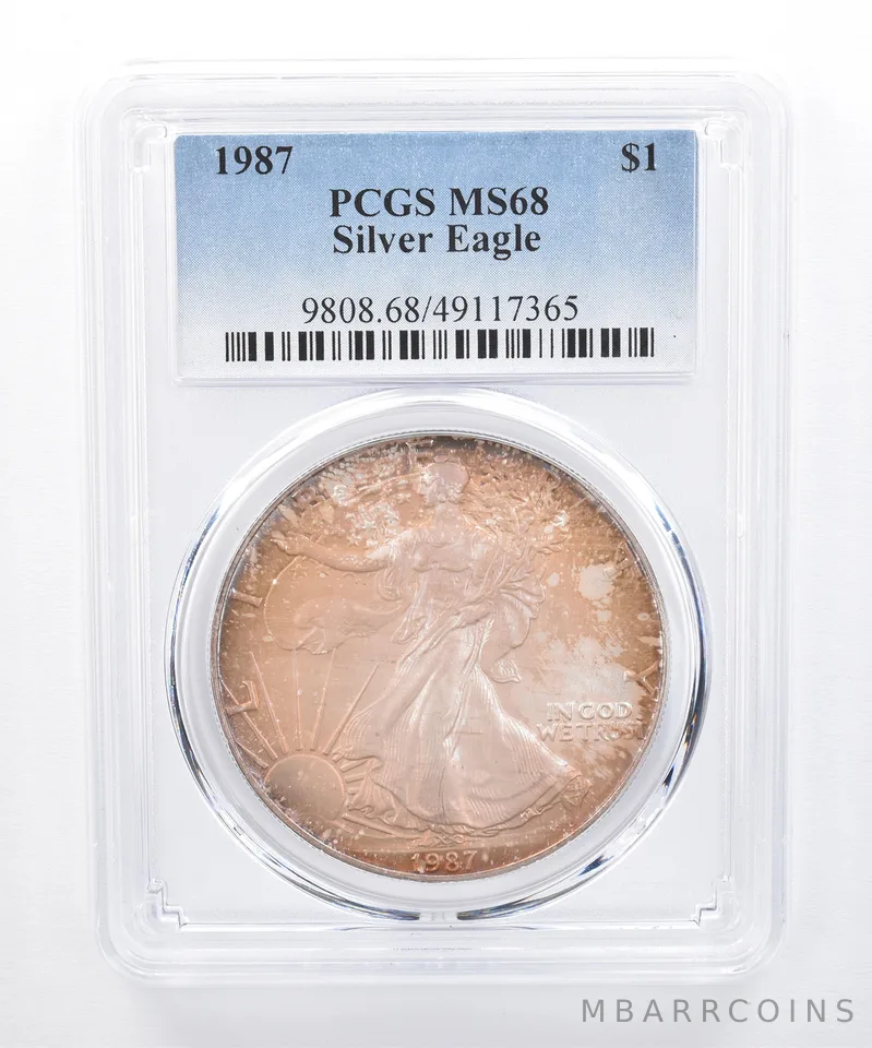 1987 American Silver Eagle MS68 PCGS Rainbow Tone *8425
