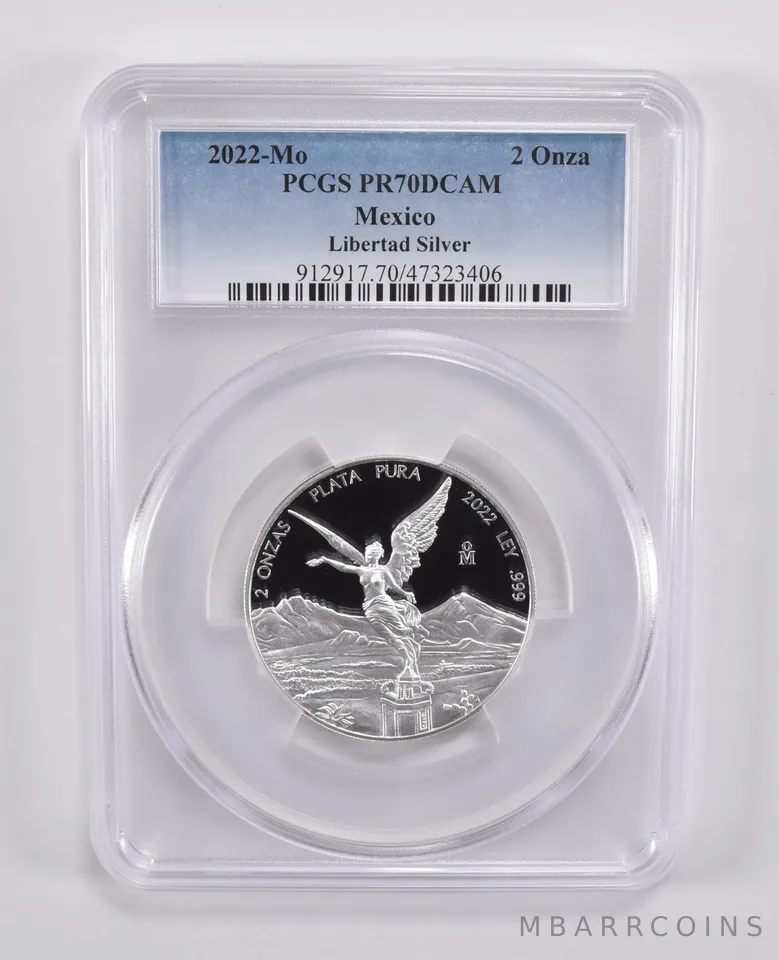 2022 MO Mexico 2 Onza Libertad 2 Oz Silver PR70 DCAM PCGS Blue Label