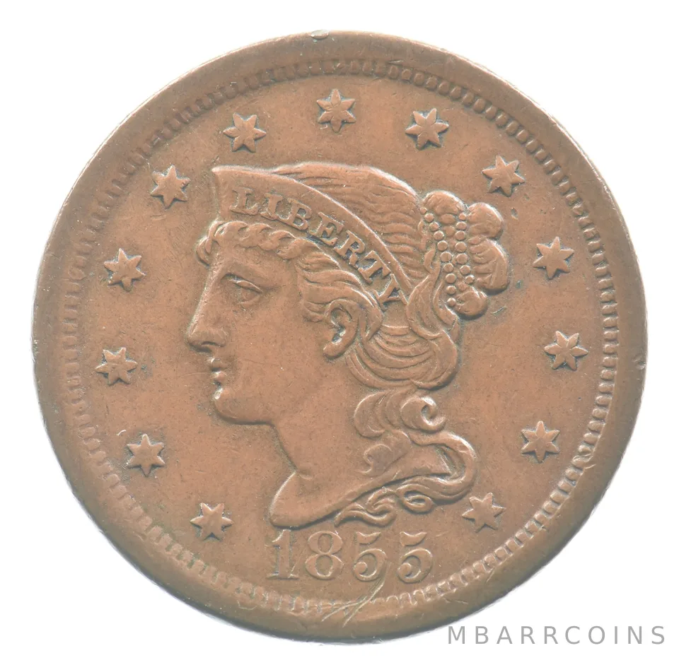 1855 Braided Hair Large Cent Upright 5s *0823