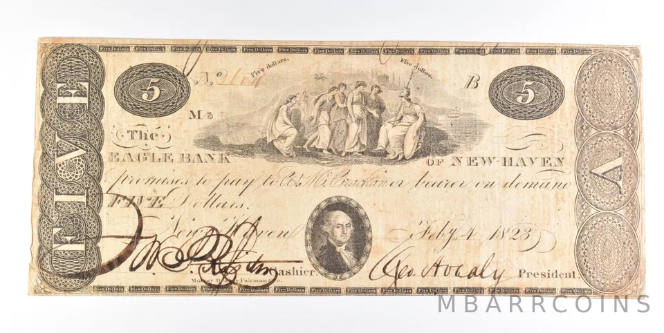 1823 $5 New Haven CT Eagle Bank Obsolete Note *0240