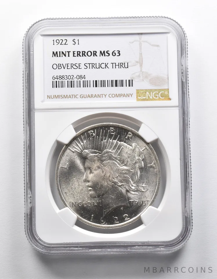 MINT ERROR MS62 1922 Peace Silver Dollar OBV Struck Thru NGC a1916