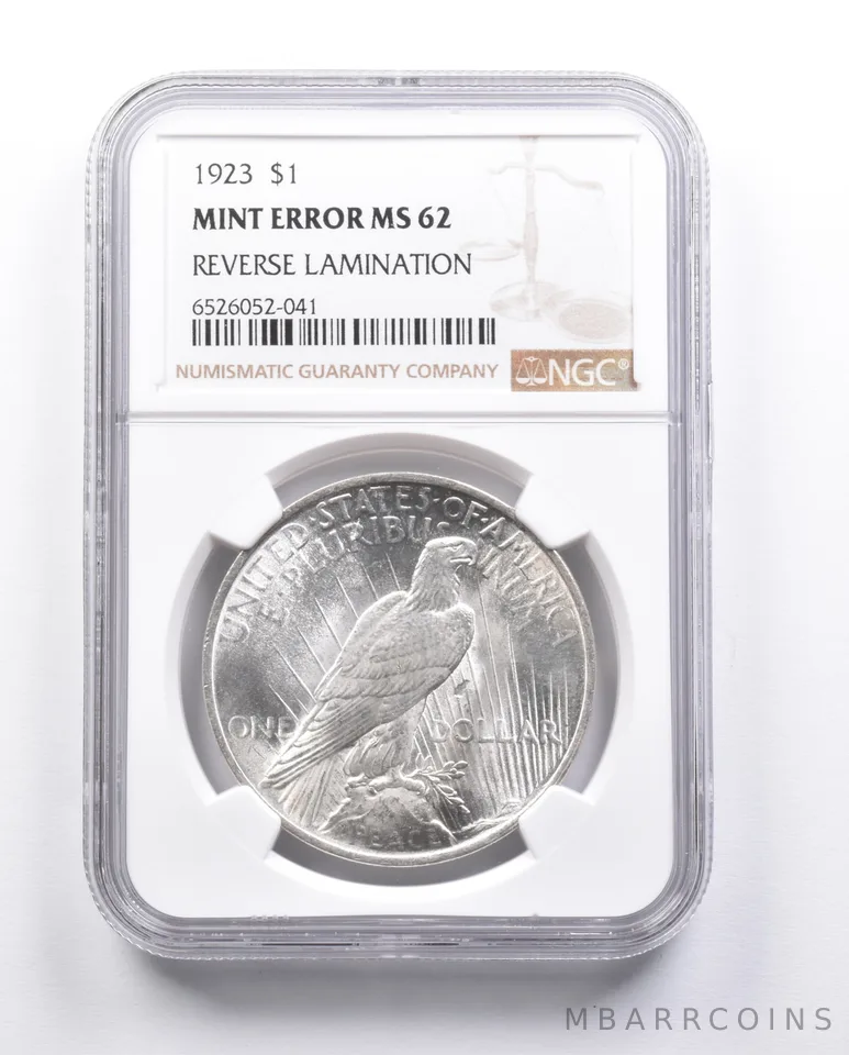 MS62 1923 Peace Silver Dollar Error REV Lamination NGC *6664