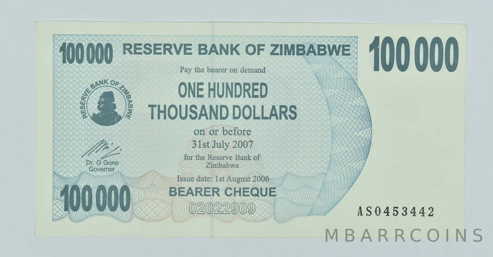 2006 Zimbabwe 100,000 Dollars Bearer Cheque
