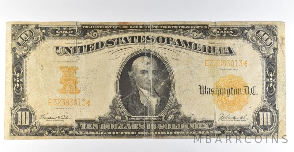 1907 $10 Gold Certificate Large Note Yellow Seal *8334