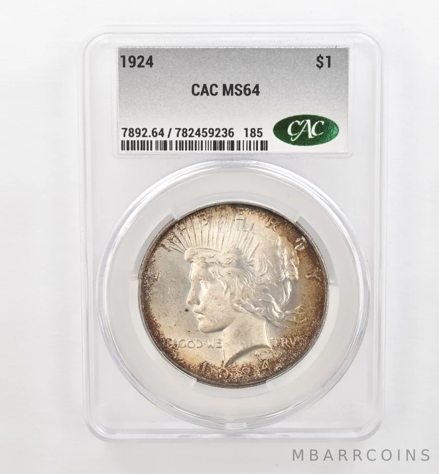 1924 Peace Silver Dollar MS64 CAC CACg Beautiful Tone *0494
