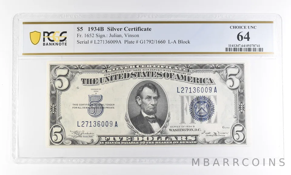 1934 B $5 Silver Certificate Fr#1652 Choice Unc 64 PCGS a2771