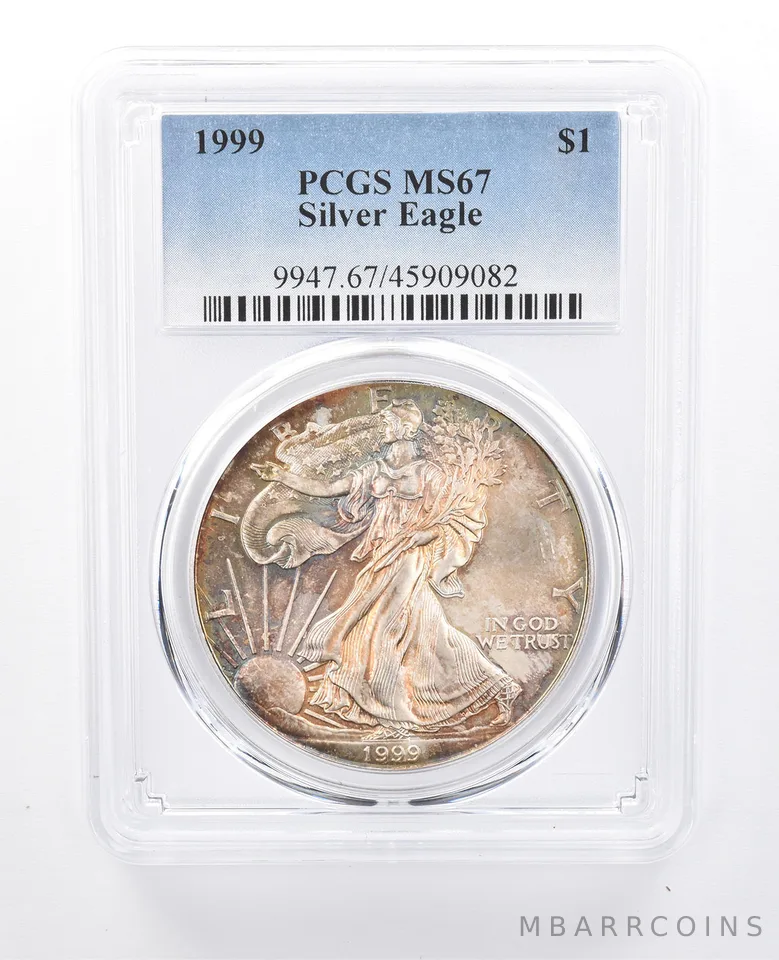 1999 American Silver Eagle MS67 PCGS Rainbow Tone *8008