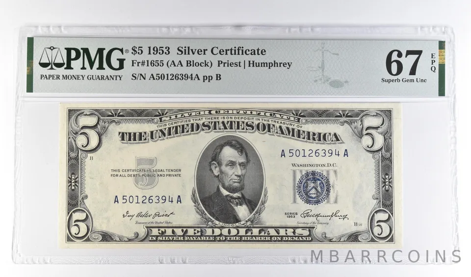 1953 $5 Silver Certificate Fr#1655 Superb Gem Unc 67 EPQ PMG *4657