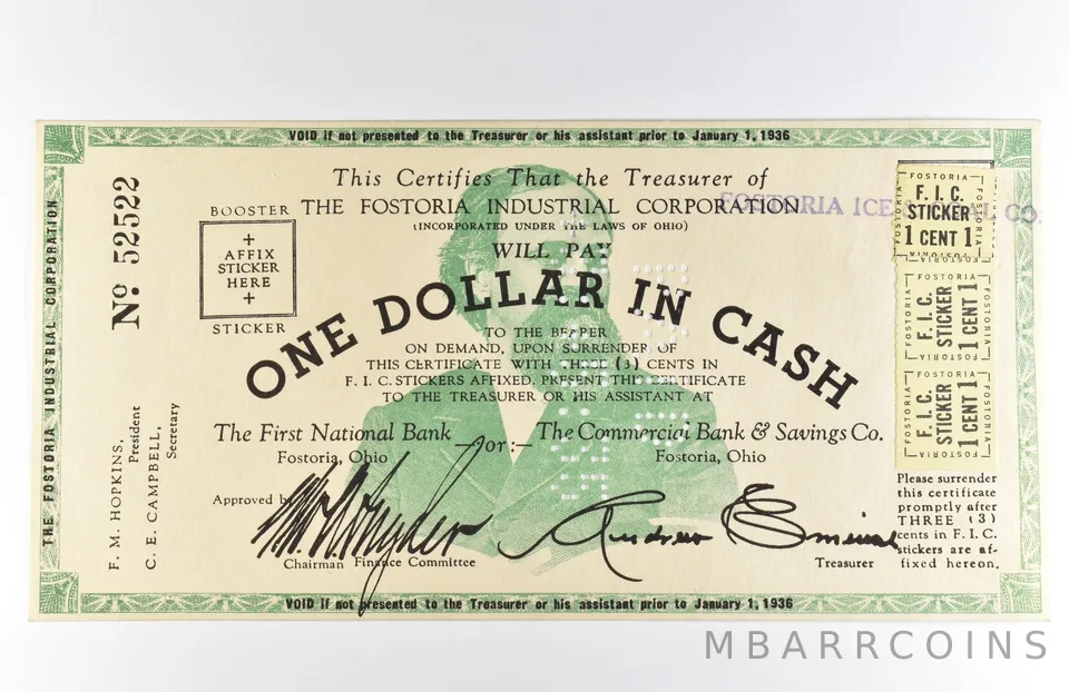 1936 $1 Fostoria OH Industrial Corporation Obsolete Note *8576