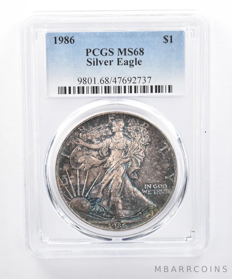 1986 American Silver Eagle MS68 PCGS Mottled Blue Tone *8507