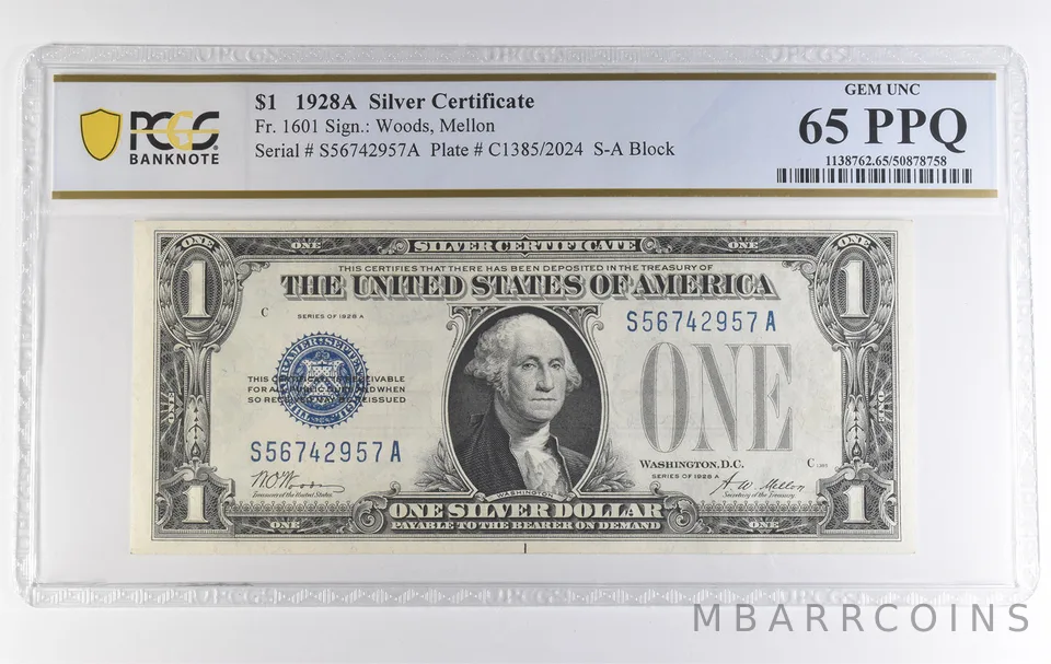 1928 A $1 Silver Certificate Fr#1601 Gem Unc 65 PPQ PCGS *3876