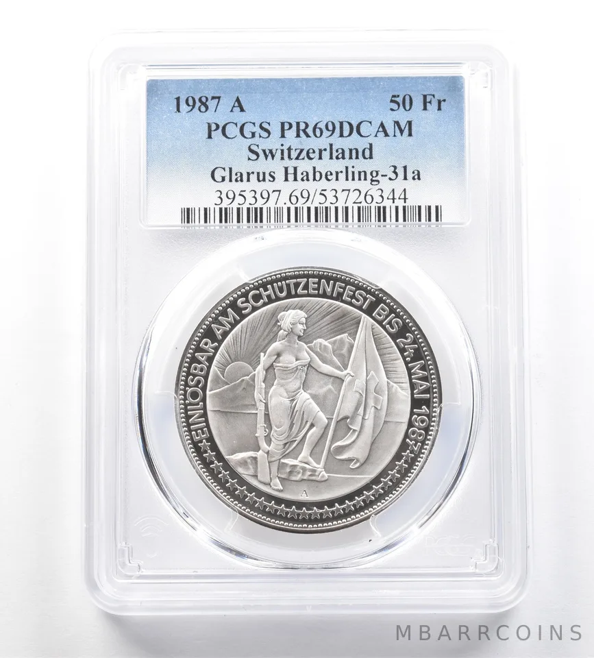 1987 A Switzerland 50 Francs Glarus Haberling PR69 PCGS Shooting Medal *7683