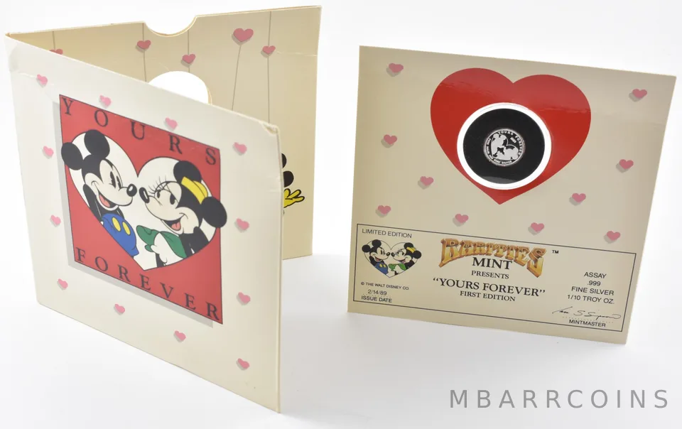 1989 Rarities Mint Yours Forever Mickey Minnie Mouse 1/10oz Silver W/ Card *2510