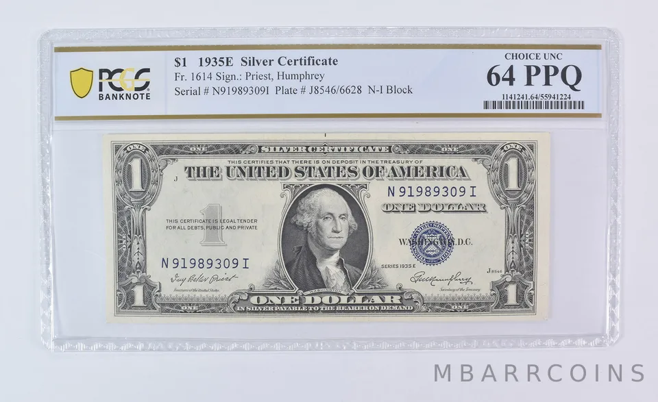 1935 E $1 Silver Certificate Fr#1614 Choice Unc 64 PPQ PCGS