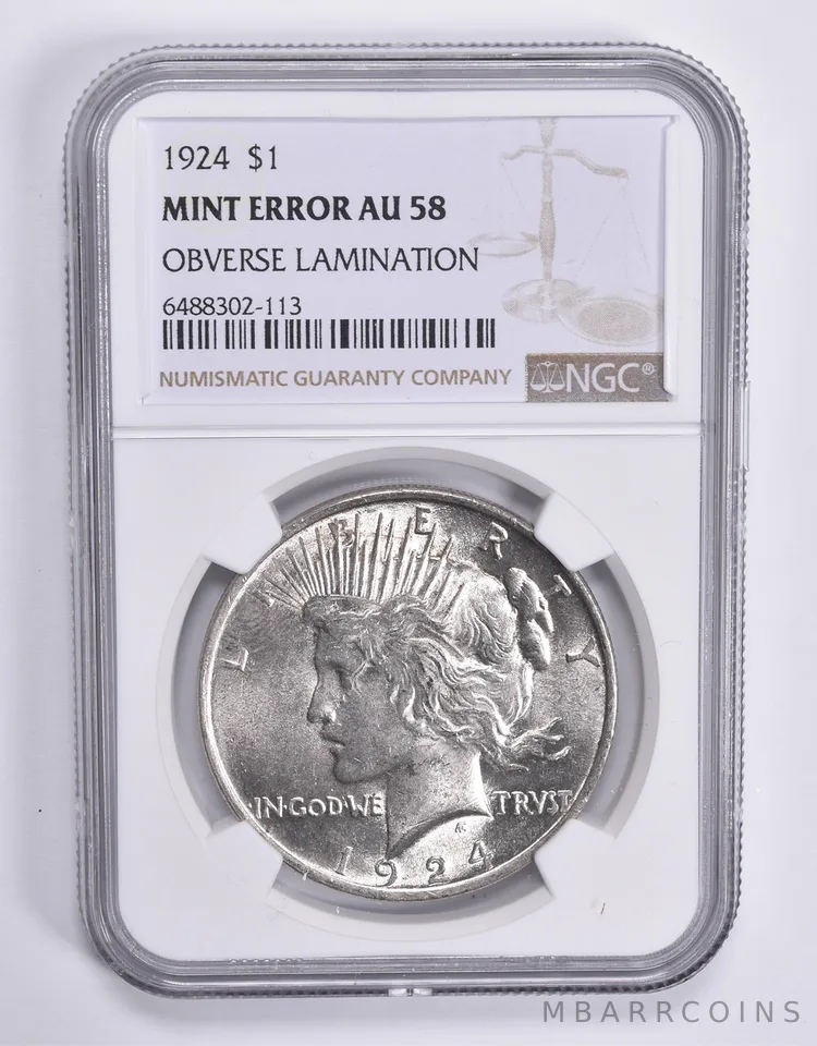 MINT ERROR AU58 1924 Peace Silver Dollar OBV Lamination NGC *1817