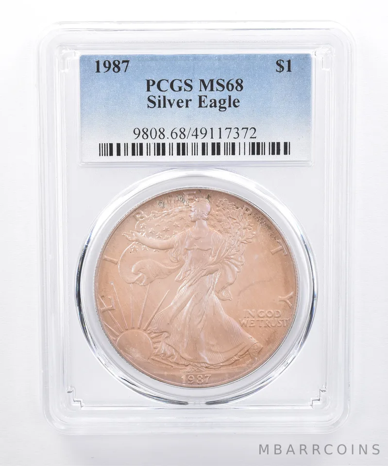 1987 American Silver Eagle MS68 PCGS Purple Iridescent Tone *8474