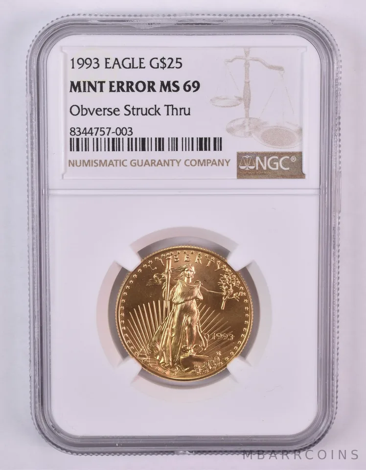 1993 $25 American Gold Eagle Mint Error Obv Struck Thru 1/2 Oz MS69 NGC *1000