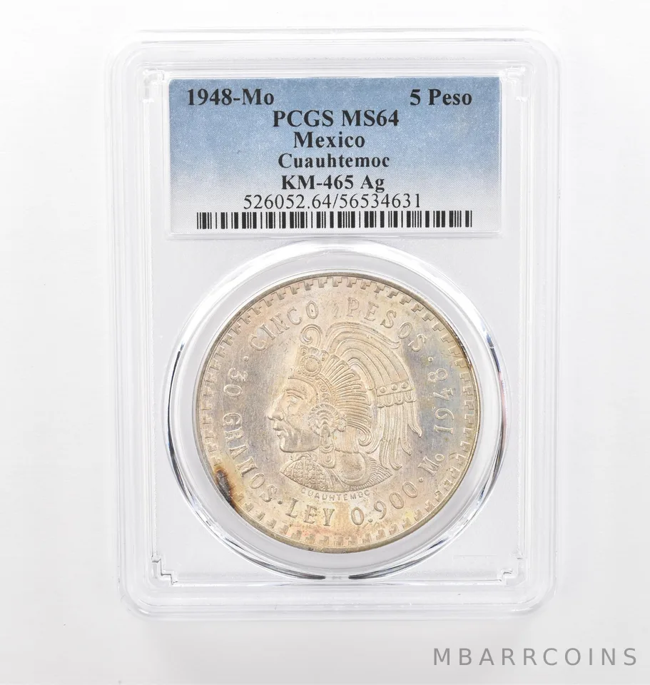1948 Mo Mexico 5 Pesos Silver Cuauhtemoc KM-465 MS64 PCGS Beautiful Tone *2117