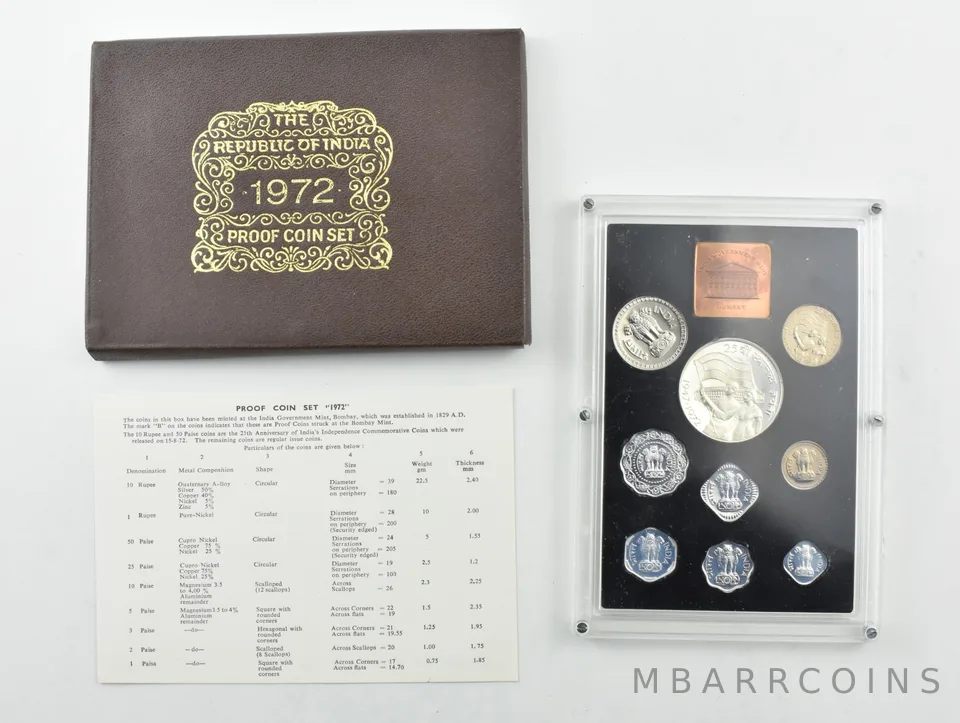 1972 B India 1 Paisa to 10 Rupees 9 Coin Proof Set *2907