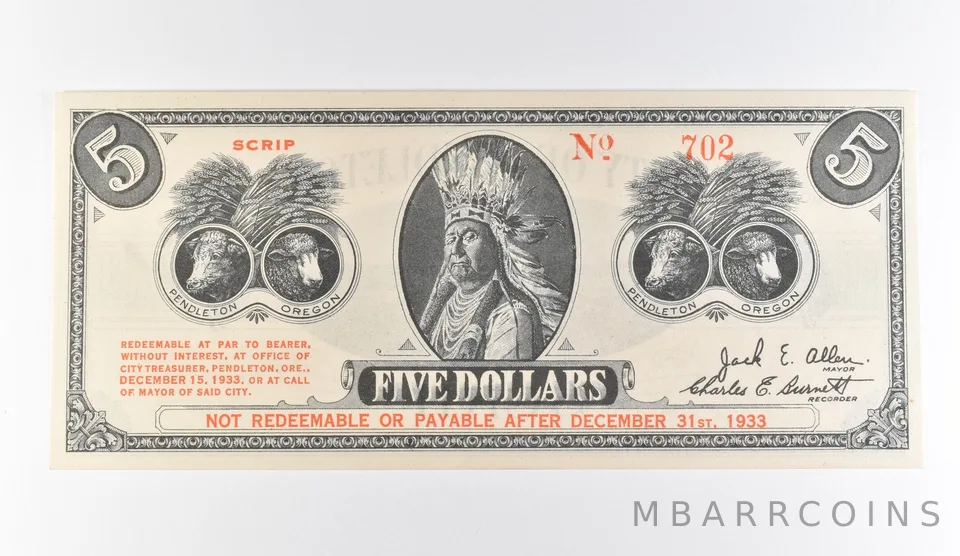 1933 $5 Pendleton OR Scrip *9751