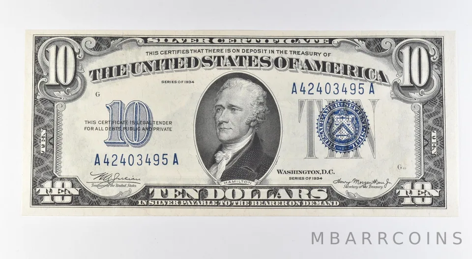 1934 $10 Silver Certificate Blue Seal Mule Fr#1701m *9599
