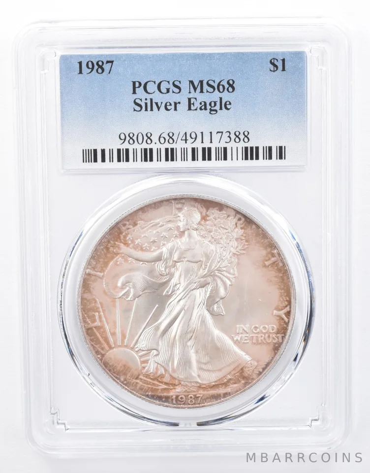 1987 American Silver Eagle MS68 PCGS Iridescent Tone *8414